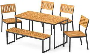 SlickBlue 6 Pieces Outdoor Acacia Wood Dining Set with Bench and 2 Inches Umbrella Hole