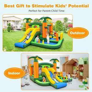 SlickBlue 8-in-1 Tropical Inflatable Bounce Castle with 2 Ball Pits Slide and Tunnel Without Blower