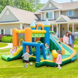 SlickBlue Inflatable Water Slide Blowup Bounce House with Dual Slides and Splash Pool (Without Blower)