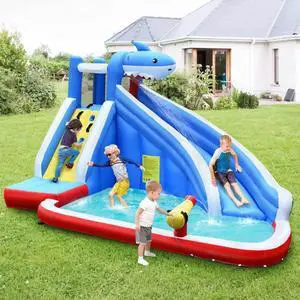 SlickBlue Inflatable Shark Bounce House with Water Slide and Climbing Wall without Blower