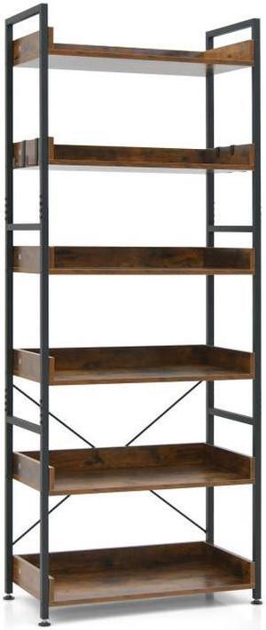 SlickBlue 6-Tier Tall Industrial Bookcase with Open Shelves and 4 Hooks-Brown
