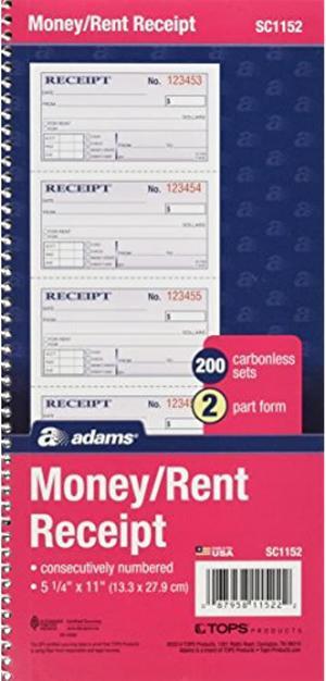Money And Rent Receipt Book, 2-Part Carbonless, 5-1/4" X 11", Spiral Bound, 200 Sets Per Book, 4 Receipts Per Page (Sc1152) (Pack Of 25)