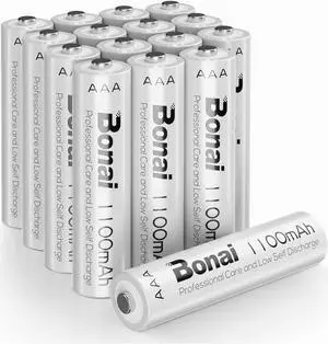 BONAI Rechargeable AAA Batteries  1100 MAh  NiMH High-Capacity  Recharge up to 1200x  16-Pack Pre-Charged