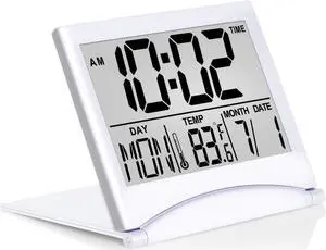 Betus Digital Travel Alarm Clock - Foldable Calendar Temperature Timer LCD Clock with Snooze Mode - Large Number Display, Battery Operated - Compact Desk Clock for All Ages (Silver, No Backlight)