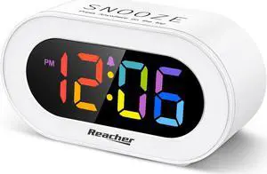 REACHER Small Colorful LED Digital Alarm Clock with Snooze, Simple to Operate, Full Range Brightness Dimmer, Adjustable Alarm Volume, Outlet Powered Compact Clock for Bedrooms, Bedside, Desk, Shelf