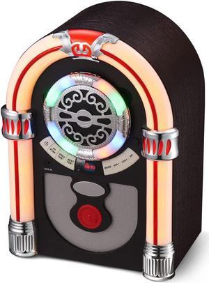 Retro Tabletop Jukebox with Bluetooth, FM Radio, AUX-in Port and Color Changing LED Lights Brown