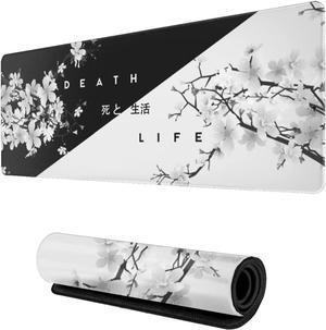 Black and White Cherry Blossom Mouse Pad Gaming Large Mouse Pad Japanese XL Mousepad Extended Long Big Desk Mat Stitched Edges Non-Slip Rubber Base Mice Pad 31.5 X 11.8 Inch