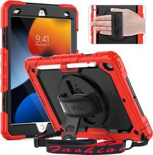 iPad 9th/ 8th/ 7th Generation Case (iPad 10.2 Case, iPad 9/8/ 7 Gen Case): with Strong Protection, Screen Protector, Hand Strap, Shoulder Strap, 360° Rotating Stand, Pencil Holder - Red