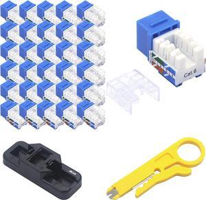 VCE 50 Pack Cat6 RJ45 Keystone Jack Insert, 90 Degree Ethernet UTP Cat 6, Cat5, Cat5e Keystone Punch-Down Stand and Mini Stripper Cutter Blue UL Certified