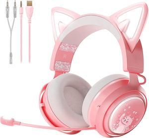 SOMIC GS510 Gaming Headset, Cat Ear Headset PC Gaming Headphones with Retractable Mic Noise Cancelling, Stereo Sound, DIY Face Covers for PC, PS4, PS5,Xbox One(Only White LED Light)-Pink