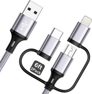 Multi Charging Cable [6ft 2Pack] Multi Charging Cord Multi Charger Cable 3 in 1 Fast Charge Adapter with Lightning/Type C/Micro USB Port for Cell Phones iPhone iPads  Galaxy Ps Tablets & More