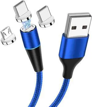 Magnetic Charging Cable (3.3ft+6.6ft,2 Pack) 3 in 1 Magnetic Fast Charger Cable 3.0A Quick Charge & Data Sync Nylon Braided Magnet Cable Compatible with All Phone/Android Micro USB Type C Smartphone