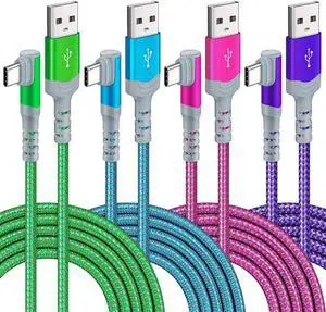 60W Type C Cable4Pack 10ft, Canjoy USB A to USB-C Cable 90° Right Angle Fast Charging Cable Nylon Braided Never Rupture Cord Compatible with Samsung Galaxy S22/S21/Note20(Green Blue Rose Purple)