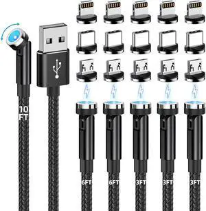 Magnetic Charging Cable, 540° Rotating Magnetic Phone Charger [6-Pack, 3ft/3ft/3ft/6ft/6ft/10ft] 3 in 1 Magnetic Charger Cable Nylon Braided Magnetic USB Cable for iProduct/Micro USB/Type C Device