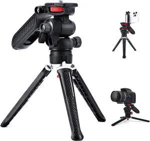 Mini Tripod for Camera, Small Camera Stand Tripod Phone Holder for Video Recording Vlogging Handle Grip with Cell Phone Mount, Cold Shoe Selfie Stick for iPhone Webcam Projector Camera