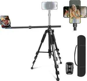 iPhone Tripod for Overhead Video Recording [Heavy Duty & Ultra-Stable], 25in Horizontal Long Extendable Boom, 360° Rotation iPhone Tripod Stand with Remote, Vertical 71" Tall Phone Stand