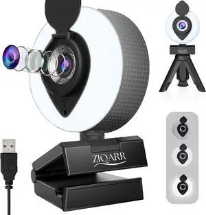 FHD 1080p All-in-One Webcam with Light and with Built-in Noise Reduction Microphone, Privacy Cover, Mini-Tripod and 110° Field of View for Streaming, Conferencing, Meetings and Gaming