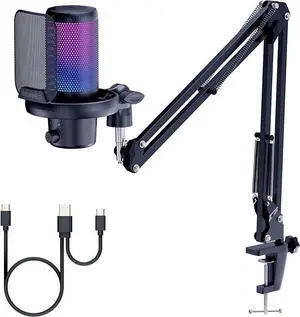 FEELWORLD VM1-AS Gaming PC USB Microphone Condenser Mic with Noise Cancellation Mute RGB Light, Computer Accessories for Gamer YouTube Twitch Podcast Streaming Recording Online Chat PS4 PS5
