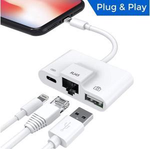 Lightning to RJ45 Ethernet LAN USB Camera Charging & Data Sync OTG Adapter 3 in 1 HUB Play and Plug for Apple Device