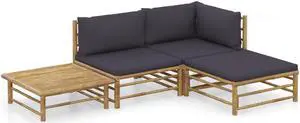 vidaXL Patio Lounge Set 4 Piece Sectional Sofa with Dark Gray Cushions Bamboo