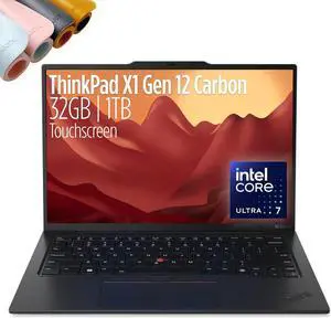 Lenovo Gen 12 ThinkPad x1 Carbon Laptop (Intel Ultra 7 165U vPro, 14" WUXGA Touch, 32GB LPDR5X-6400mhz, 1TB SSD) AI-Ready PC, Backlit, USB-C, 1080P Webcam, Windows 11 Pro, Deskpad MAJOOL