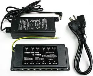 Gigabit Passive PoE 6 Port PoE Injector for 802.3af Devices, with 48 Volt 60 Watt Power Supply, Add PoE To Any Switch
