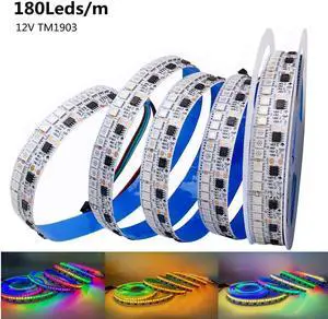 WS2811 Rainbow Led Strip TM1903 RGB Addressable Smart Led Pixel Lights White PCB IP30 Waterproof 0.2W/LED DC12V 5M 180Leds/M