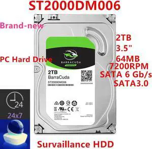 HDD For Seagate Brand BarraCuda 2TB 3.5" SATA 6 Gb/s 64MB 7200RPM For Internal HDD For Survaillance HDD For ST2000DM006