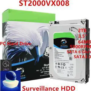 HDD For Seagate Brand Skyhawk 2TB 3.5" SATA 6 Gb/s 64MB 5900RPM For Internal Hard Disk For Surveillance HDD For ST2000VX008