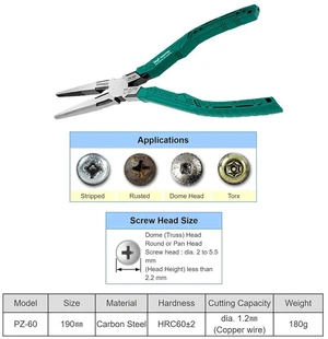 PZ-60 Screw Removal Pliers with Wire Cutter 193mm Long Nose Pliers with Screw Extracting Serrated Jaws PZ-60 Screw Removal Pliers with Wire Cutter 193mm Long Nose Pliers with Screw Extracting Serrated Jaws