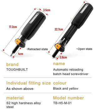 TB-H5-M-01 Autoloading Multi-Bit Driver with 6 Bit Tips Stored for Phillips, Slotted and Square Screws 6-in-1 TB-H5-M-01 Autoloading Multi-Bit Driver with 6 Bit Tips Stored for Phillips, Slotted and Square Screws 6-in-1