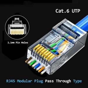 50PCS RJ45 Cat5e Cat6 Connectors - Pass Through Connector 30 Gold Plated 3 Prong 8P8C Modular Plugs - 1.1mm 50PCS RJ45 Cat5e Cat6 Connectors - Pass Through Connector 30 Gold Plated 3 Prong 8P8C Modular Plugs - 1.1mm