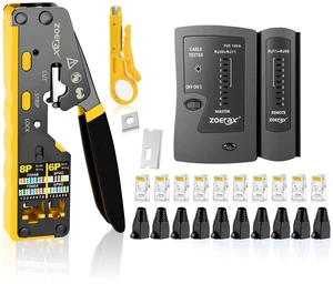 Pass Through RJ45 Crimp Kit Cat5e/Cat6 Crimper with 10PCS 8P8C Cat5e/Cat6 Connectors POE LAN Tester for RJ45 RJ11 Wiring Pass Through RJ45 Crimp Kit Cat5e/Cat6 Crimper with 10PCS 8P8C Cat5e/Cat6 Connectors POE LAN Tester for RJ45 RJ11 Wiring
