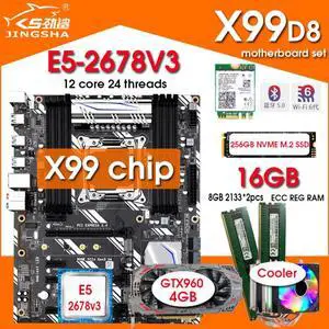 X99 D8 motherboard  with Xeon E5 2678 V3 LGA2011-3 CPU 2pcs X 8GB = 16GB DDR4 RAM GTX960 4GB GPU NVME 256GB M.2 WIFI card Cooler