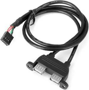 0.5M Dual USB2.0 A Type Female to Motherboard 9 Pin Black Header Cable with Screw Panel Holes