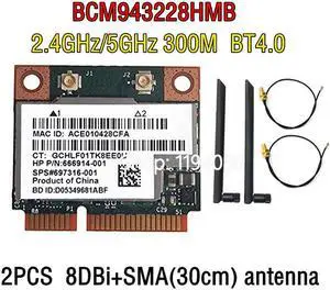 300Mbps wifi CARD BCM943228HMB BCM43228 2.4Ghz /5Ghz Wireless 802.11N AND Bluetooth 4.0 Half MINI PCI-E WIFI Card 6DB antenna
