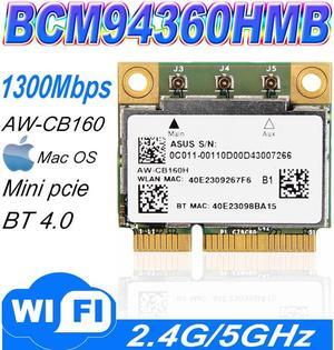 AzureWave AW-CB160H Broadcom BCM94360HMB 802.11AC 1300Mbps Wireless WIFI WLAN Bluetooth 4.0 Mini PCI-E Card + 20cm MHF4 Antenna