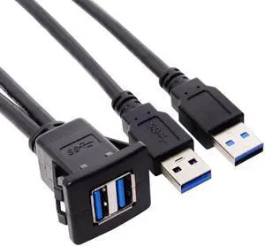 Waterproof Dual USB 3.0 Extension Latch Mount Car AUX Cable 1m for Dashboard Panel
