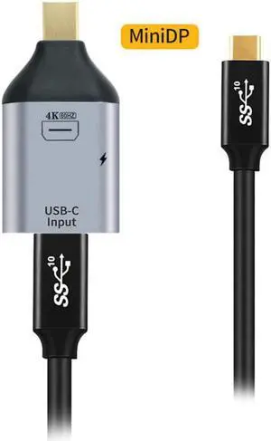 100W 10Gbps Cable & USB-C Female Source to Mini Displayport DP Sink HDTV & PD Power Adapter 4K 60hz 1080p for Phone & Laptop