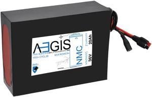 Aegis Battery 36V 20Ah NMC Lithium Battery + Charger. State of the art rechargeable battery pack made w/18650 Li-Ion cylindrical cells great for ebikes, scooters, robots, solar & high energy products.