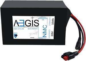 Aegis Battery 28V 10Ah NMC Lithium Battery + Charger is a state of the art rechargeable battery pack made with 18650 Li-Ion cylindrical cells. Great for ebikes, scooters, robots, solar & and more!