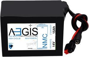 Aegis Battery 14V 15Ah NMC Lithium Battery + Charger is a state of the art rechargeable battery pack made with 18650 Li-Ion cylindrical cells. Great for ebikes, scooters, robots, solar & and more!