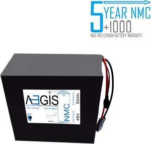 Aegis Battery 48V 50Ah NMC Lithium Battery + Charger. State of the art rechargeable battery pack made w/18650 Li-Ion cylindrical cells great for ebikes, scooters, robots, solar & high energy products.