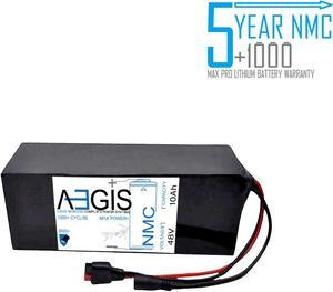 Aegis Battery 48V 10Ah NMC Lithium Battery + Charger. State of the art rechargeable battery pack made w/18650 Li-Ion cylindrical cells great for ebikes, scooters, robots, solar & high energy products.