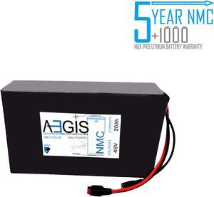 Aegis Battery 48V 20Ah NMC Lithium Battery + Charger. State of the art rechargeable battery pack made w/18650 Li-Ion cylindrical cells great for ebikes, scooters, robots, solar & high energy products.