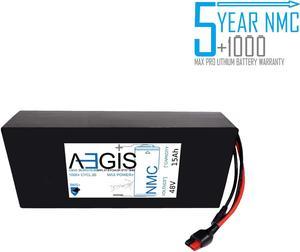 Aegis Battery 48V 15Ah NMC Lithium Battery + Charger. State of the art rechargeable battery pack made w/18650 Li-Ion cylindrical cells great for ebikes, scooters, robots, solar & high energy products.