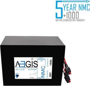 Aegis Battery 60V 15Ah NMC Lithium Battery + Charger. State of the art rechargeable battery pack made w/18650 Li-Ion cylindrical cells great for ebikes, scooters, robots, solar & high energy products.