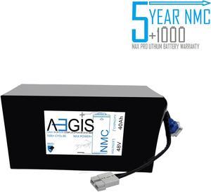 Aegis Battery 48V 40Ah NMC Lithium Battery + Charger. State of the art rechargeable battery pack made w/18650 Li-Ion cylindrical cells great for ebikes, scooters, robots, solar & high energy products.