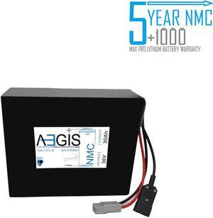 Aegis Battery 36V 30Ah NMC Li-Ion Battery is a state of the art rechargeable battery pack made w/18650 Li-Ion cylindrical cells. Great for ebikes, scooters, bike lighting, RC toys, robots and more!