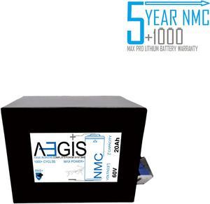 Aegis Battery 60V 20Ah NMC Lithium Battery + Charger. State of the art rechargeable battery pack made w/18650 Li-Ion cylindrical cells great for ebikes, scooters, robots, solar & high energy products.